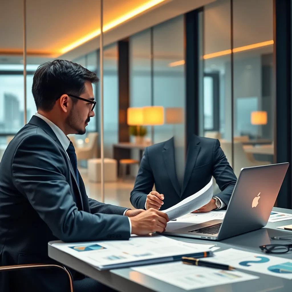 A hyperrealistic image of a financial consultant, wearing a professional suit, confidently presenting a financial report to a client in a sleek, modern office setting.  The client is seated across from the consultant, attentively reviewing the report. The scene should be filled with financial documents, graphs, and charts, highlighting the meticulous nature of financial analysis.  The lighting should be crisp and clear, with a warm glow emanating from the consultant's laptop screen. The overall mood should be one of trust, confidence, and expertise, emphasizing the importance of sound financial management.